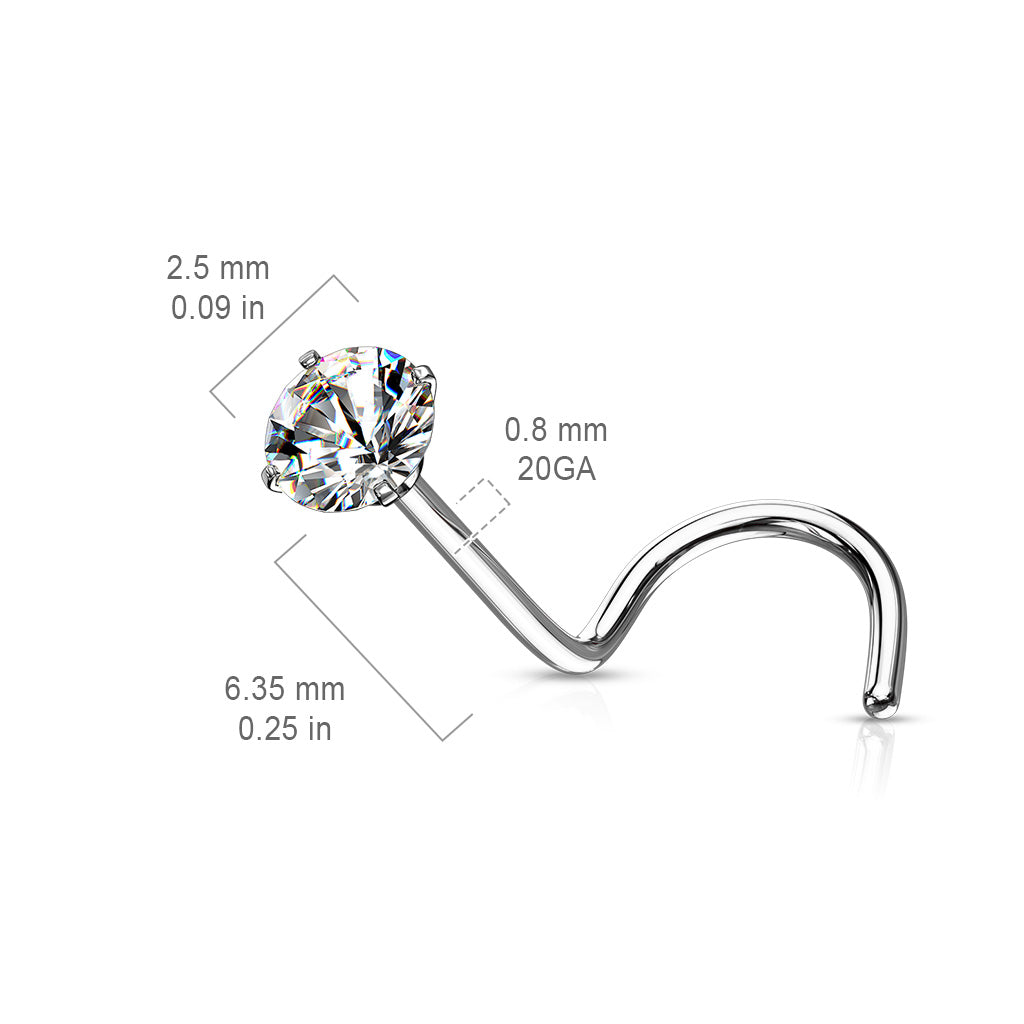 Prong Set Round CZ Top 316L Surgical Steel Nose Screw Ring in 20