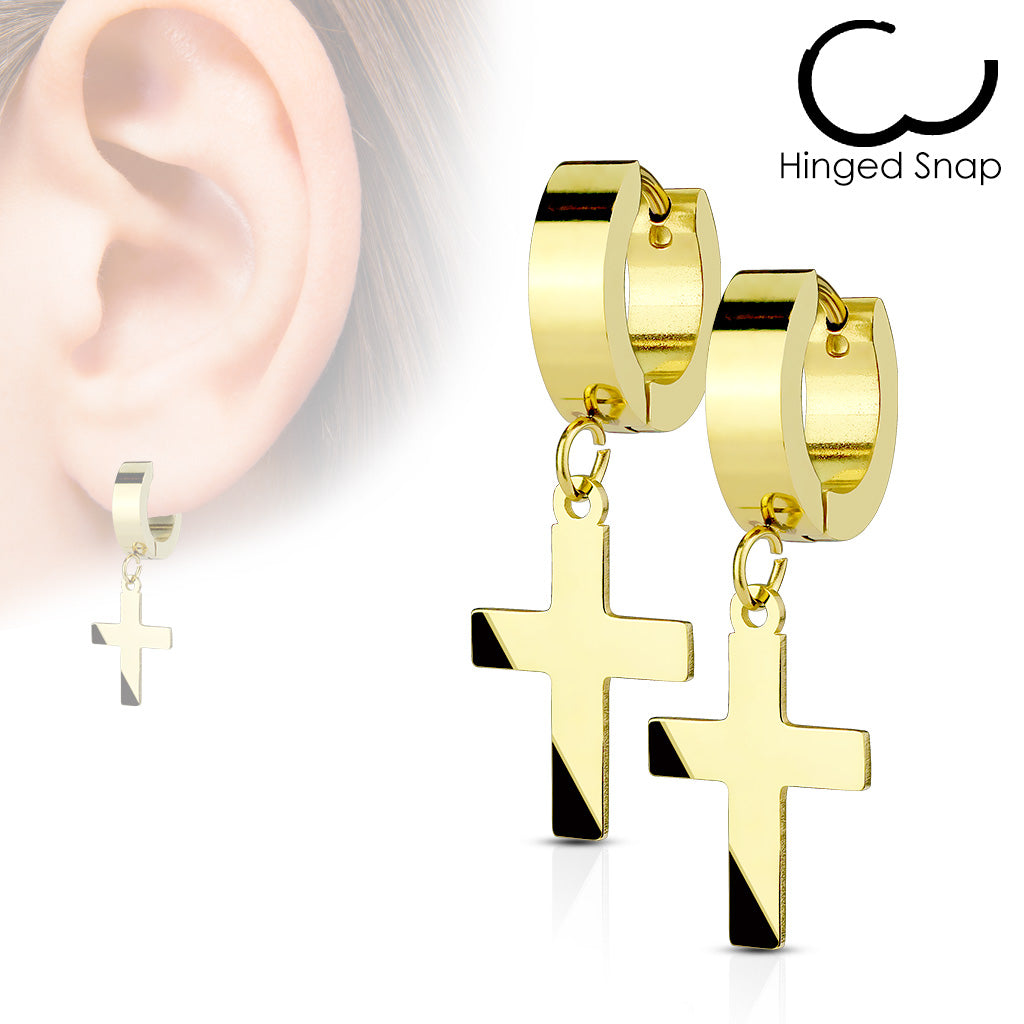 Pair of 316L Surgical Steel Hinged Hoop Earrings with Cross Dangle