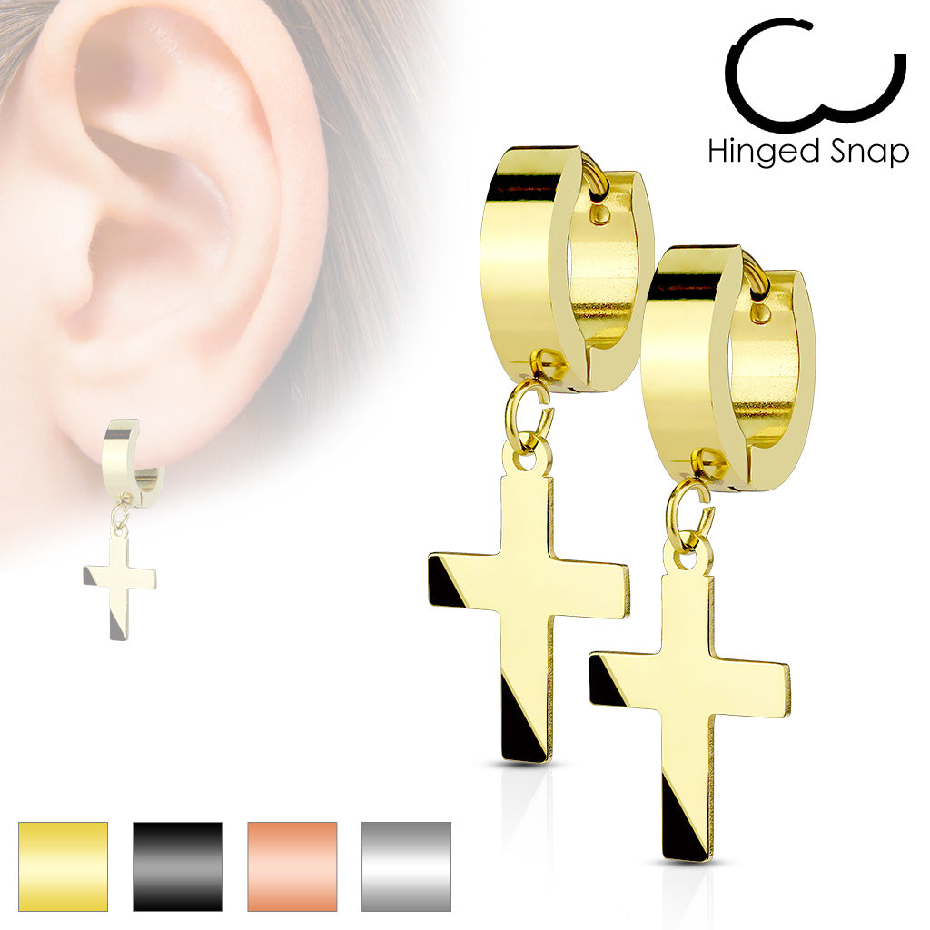 Pair of 316L Surgical Steel Hinged Hoop Earrings with Cross Dangle
