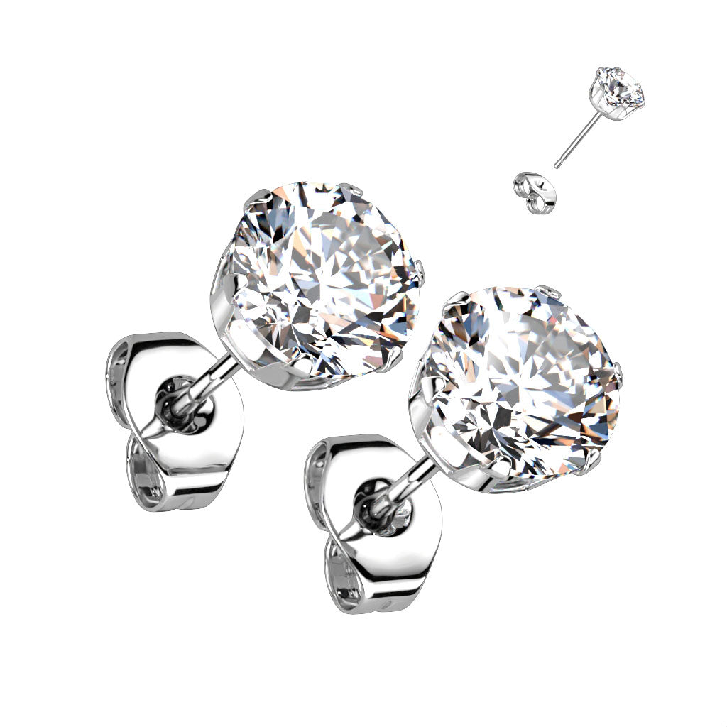 Pair of 316L Surgical Steel Stud Earrings with Clear Round CZ