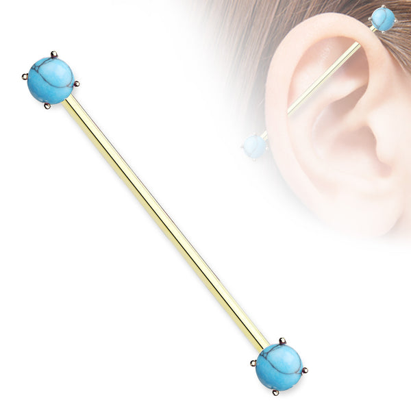 Round Turquoise Prong-Set Stone Gold Plated 14 Gauge Industrial Barbell