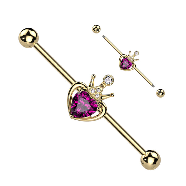 Gold PVD Crown with Pink Gem Heart 14 Ga