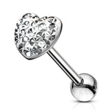 Multi-Gem Paved Crystal Heart Tongue Ring Barbell 14 Gauge 316L Surgical Steel