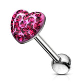 Multi-Gem Paved Crystal Heart Tongue Ring Barbell 14 Gauge 316L Surgical Steel