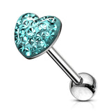 Multi-Gem Paved Crystal Heart Tongue Ring Barbell 14 Gauge 316L Surgical Steel