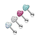 Multi-Gem Paved Crystal Heart Tongue Ring Barbell 14 Gauge 316L Surgical Steel