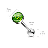 Phosphor Glitter Epoxy Dome Top Barbell Tongue Ring 316L Surgical Steel 14 Gauge