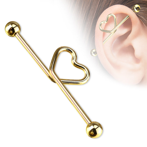 Heart Shape Bended Titanium IP 14 Gauge Industrial Barbell Available in Steel, Gold, and Black