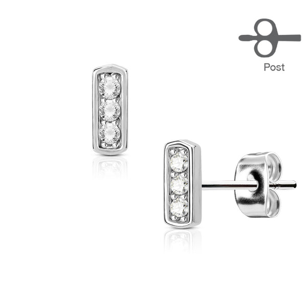 Pair of 3 CZ Set square Bar 316L Surgical Steel Post Earring Studs