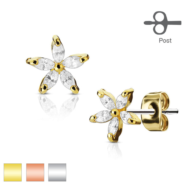 Pair of 5 Marquise CZ Petal Flower Surgical Steel Post Earring Studs