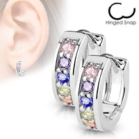 Pair of Channel Set Rainbow CZ Hoop/Huggie Earrings Surgical Steel Posts