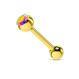 Gold Plated over 316L Surgical Steel Single Gem Tongue Ring Barbell 14 Gauge