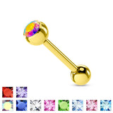 Gold Plated over 316L Surgical Steel Single Gem Tongue Ring Barbell 14 Gauge