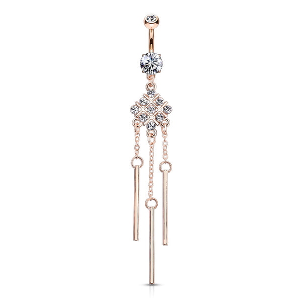 Hash Square with Paved Gems and Dangle Bars Rose Gold PVD Navel Ring