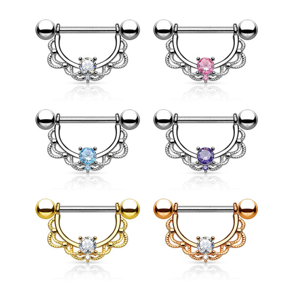 CZ Centered Filigree Drop Nipple Ring Nipple Shield 316L Surgical Steel
