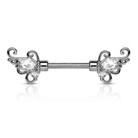 CZ Set Floral Filigree Winged End Nipple Barbell Pair 316L Surgical Steel