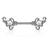 CZ Set Floral Filigree Winged End Nipple Barbell Pair 316L Surgical Steel