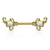 CZ Set Floral Filigree Winged End Nipple Barbell Pair 316L Surgical Steel