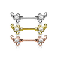 CZ Set Floral Filigree Winged End Nipple Barbell Pair 316L Surgical Steel
