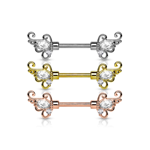 CZ Set Floral Filigree Winged End Nipple Barbell Pair 316L Surgical Steel