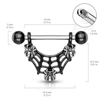Black Ion Plated Spider Web Shield Nipple Ring Barbell Pair 316L Surgical Steel