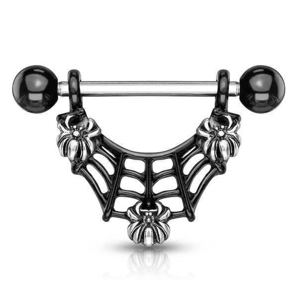 Black Ion Plated Spider Web Shield Nipple Ring Barbell Pair 316L Surgical Steel