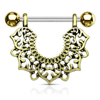 Filigree Flower Leaf Antique Gold Plated Hanging Shield Nipple Ring Barbell 316L Surgical Steel