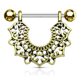 Filigree Flower Leaf Antique Gold Plated Hanging Shield Nipple Ring Barbell 316L Surgical Steel