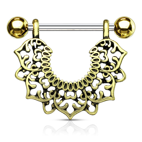 Filigree Flower Leaf Antique Gold Plated Hanging Shield Nipple Ring Barbell 316L Surgical Steel