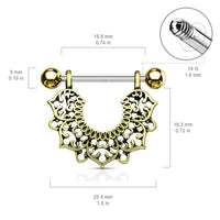 Filigree Flower Leaf Antique Gold Plated Hanging Shield Nipple Ring Barbell 316L Surgical Steel