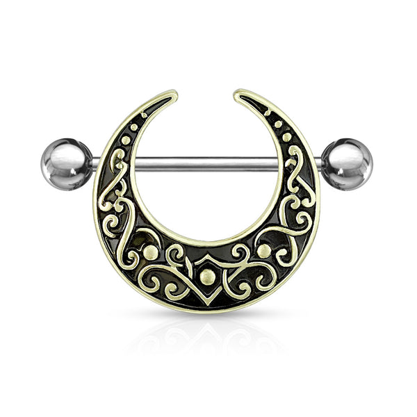 Crescent Shaped Filigree Antique Gold Plated 316L Surgical Steel Shield Nipple Ring Barbell