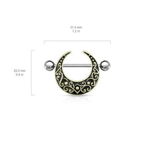 Crescent Shaped Filigree Antique Gold Plated 316L Surgical Steel Shield Nipple Ring Barbell