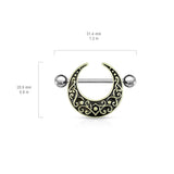 Crescent Shaped Filigree Antique Gold Plated 316L Surgical Steel Shield Nipple Ring Barbell
