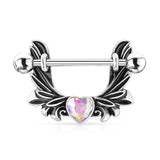 Angel Wings with AB Heart Center Crystel Shield Nipple Barbell Rings 316L Surgical Steel