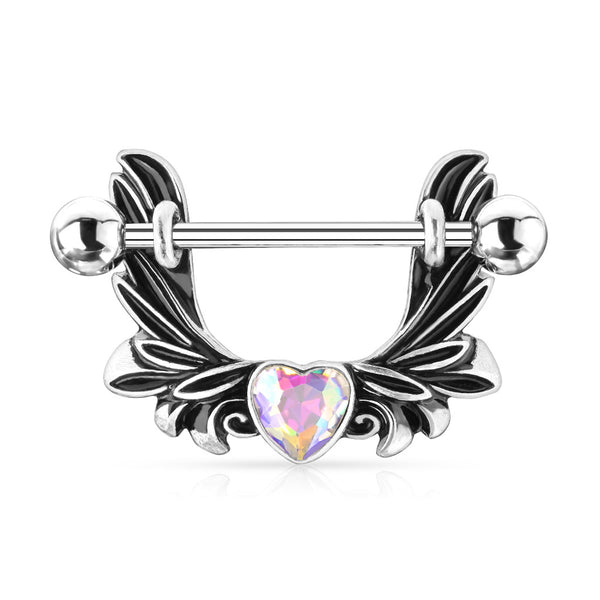 Angel Wings with AB Heart Center Crystel Shield Nipple Barbell Rings 316L Surgical Steel