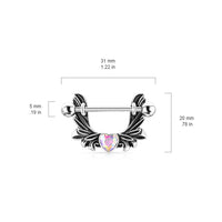 Angel Wings with AB Heart Center Crystel Shield Nipple Barbell Rings 316L Surgical Steel