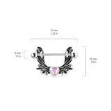 Angel Wings with AB Heart Center Crystel Shield Nipple Barbell Rings 316L Surgical Steel