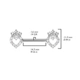 CZ Pave Hollow Heart and Crown Nipple Barbell Rings 316L Surgical Steel