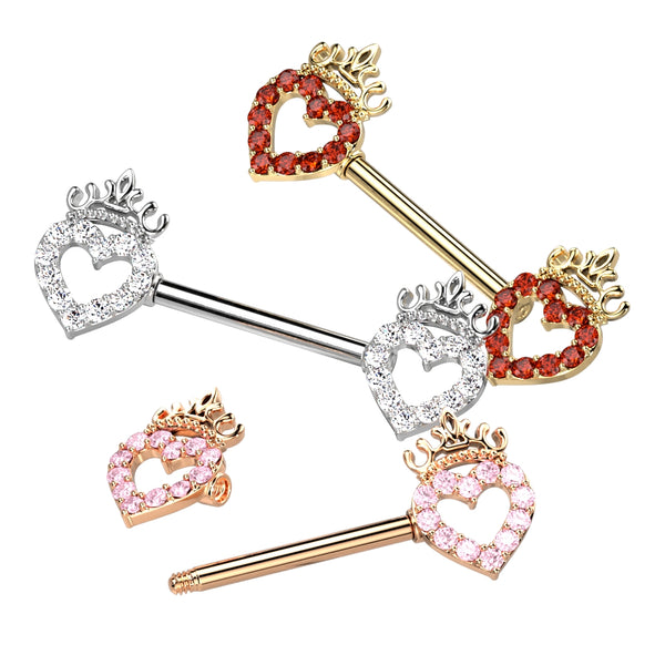 CZ Pave Hollow Heart and Crown Nipple Barbell Rings 316L Surgical Steel