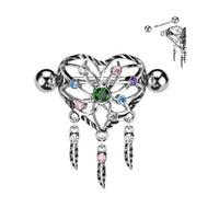 Heart Dream Catcher Shield Multi-Colored Gem Nipple Rings 316L Surgical Steel
