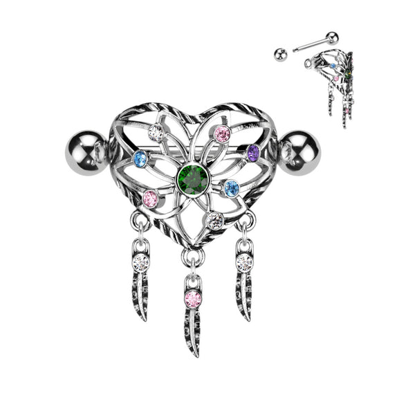 Heart Dream Catcher Shield Multi-Colored Gem Nipple Rings 316L Surgical Steel