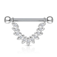 CZ Linked Feather Stirrup Dangle Nipple Barbell Ring 316L Surgical Steel