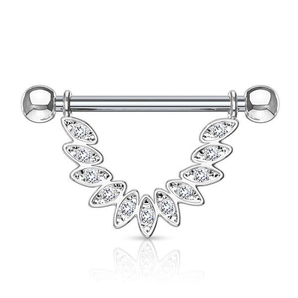CZ Linked Feather Stirrup Dangle Nipple Barbell Ring 316L Surgical Steel