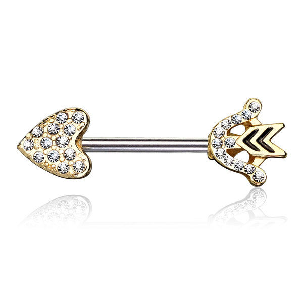 CZ Paved Heart Arrow Gold Plated Surgical Steel Nipple Barbell Ring Pair