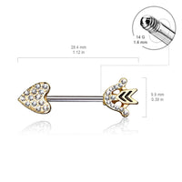 CZ Paved Heart Arrow Gold Plated Surgical Steel Nipple Barbell Ring Pair