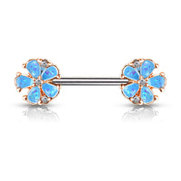 Opal Glitter Filled Blue Daisy Rose Gold Plated Nipple Barbell Rings 316L Surgical Steel