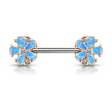 Opal Glitter Filled Blue Daisy Rose Gold Plated Nipple Barbell Rings 316L Surgical Steel
