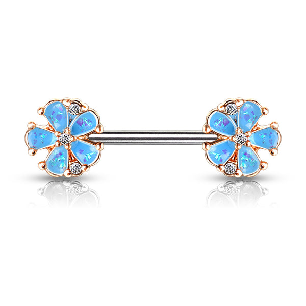 Opal Glitter Filled Blue Daisy Rose Gold Plated Nipple Barbell Rings 316L Surgical Steel