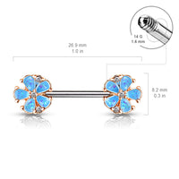 Opal Glitter Filled Blue Daisy Rose Gold Plated Nipple Barbell Rings 316L Surgical Steel