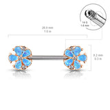Opal Glitter Filled Blue Daisy Rose Gold Plated Nipple Barbell Rings 316L Surgical Steel